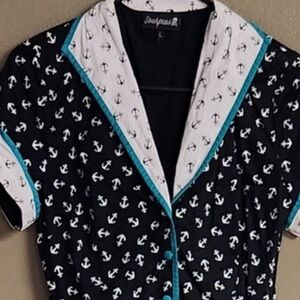 SOURPUSS midi dress - Pin up, retro style short sleeves w/ anchors & pockets